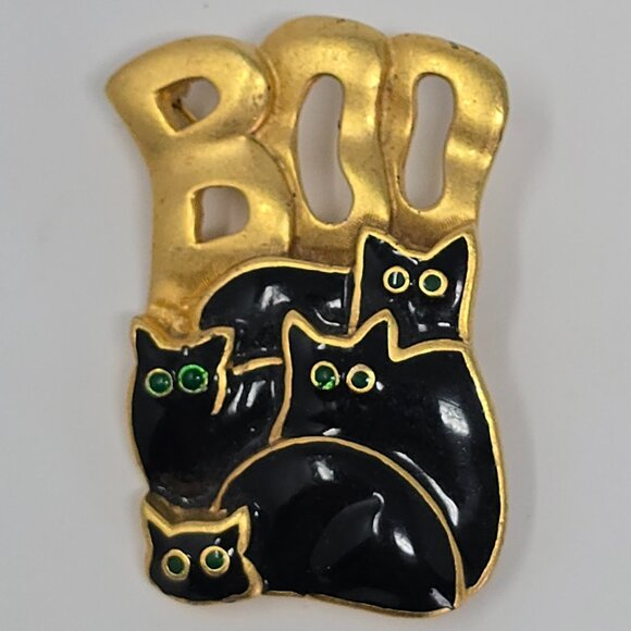 Vintage Danecraft Halloween Boo Brooch Black Cats Gold Tone Black Enamel Pin - Picture 2 of 9